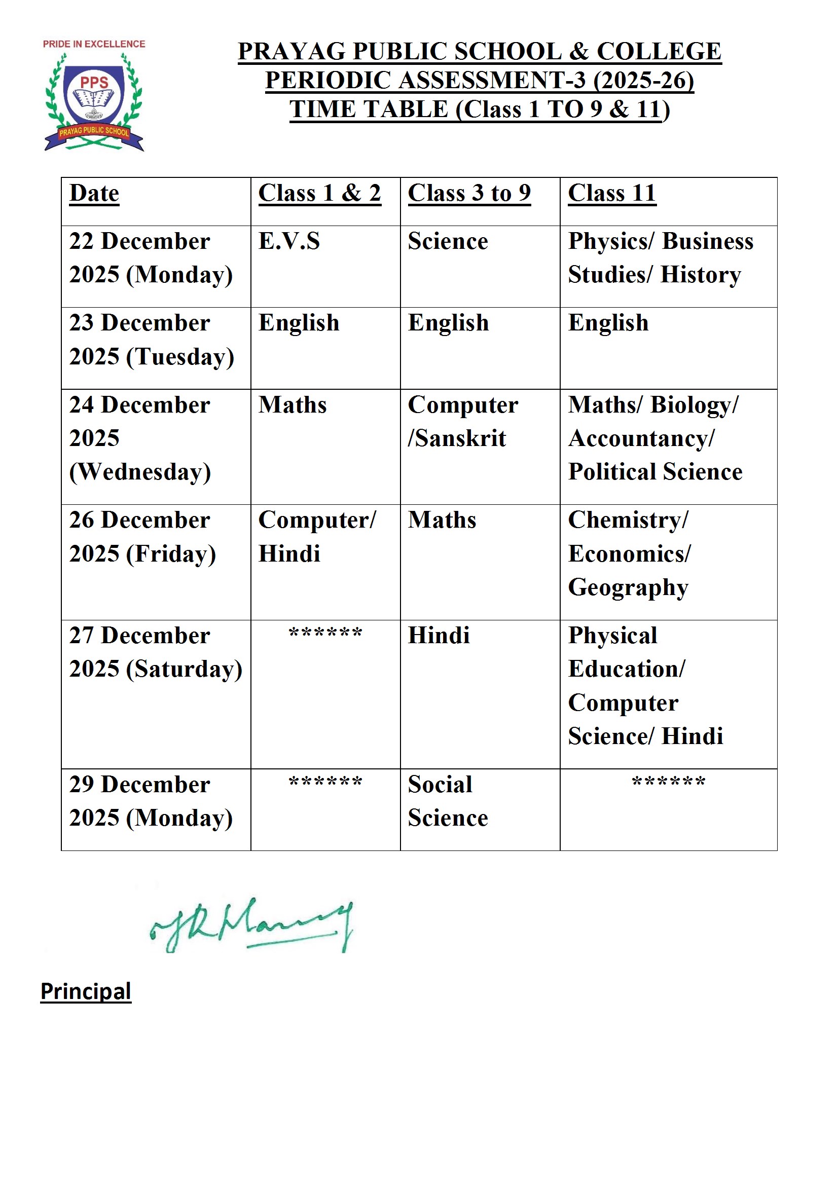 Periodic Assessment – III TIME TABLE (Class 1 TO 9 & 11)