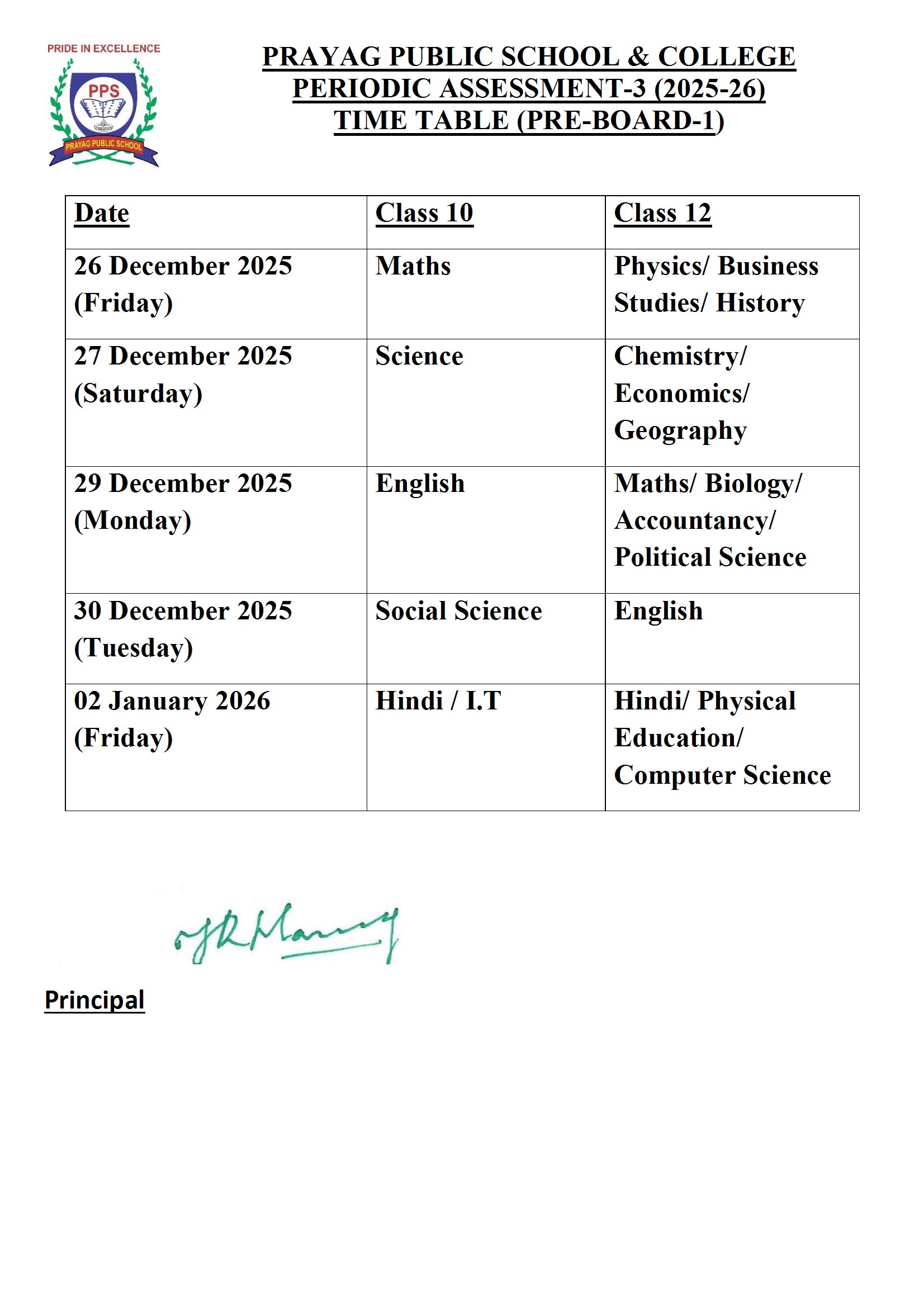 TIME TABLE (PRE-BOARD-1) 2025-26